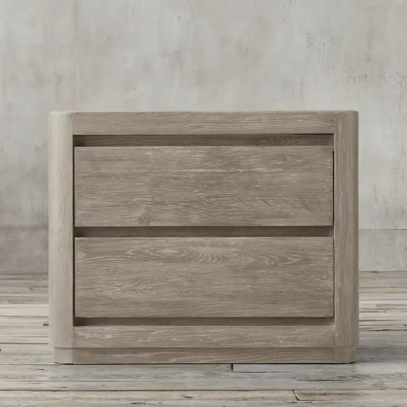 High-quality Modern American Minimalist Style Weathered Aged Solid Oak Bedside Table with 2 Drawers Bedroom Furniture