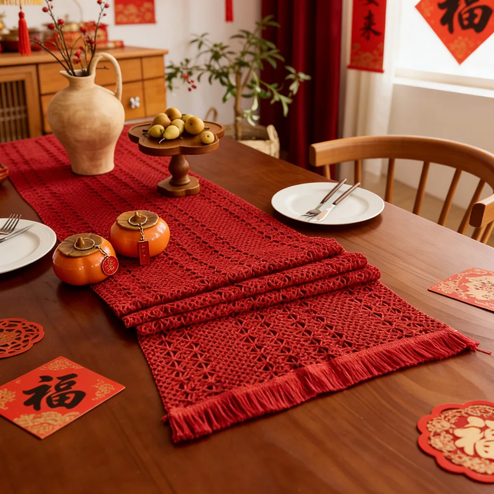 Red New Year Table Runner Cotton-Linen Tied Lattice Tassel Table Decoration Tableside Shoe Cabinet Tablecloth