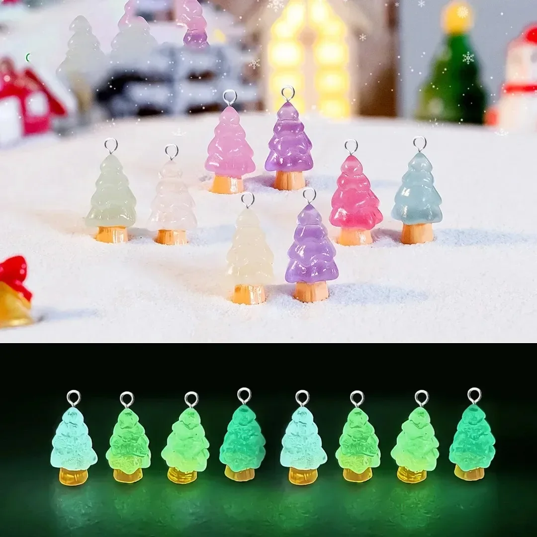 10Pcs Kawaii Christmas Tree Resin Pendants Colorful Luminous Charms For Handmade Earrings Necklace Jewelry Craft Findings