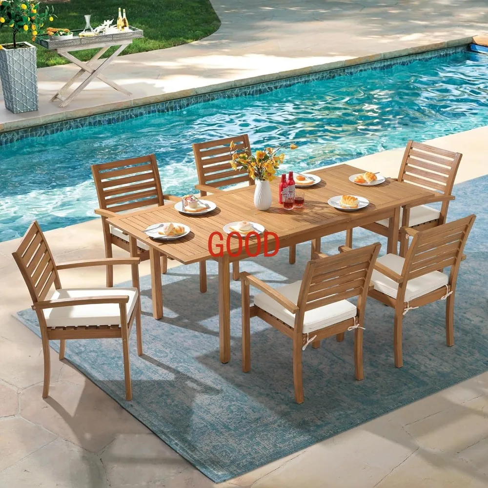 7 Piece Patio Dining Set, Extendable Rectangular Table and 6 Stackable Chairs, Outdoor Acacia Wood Furniture Set