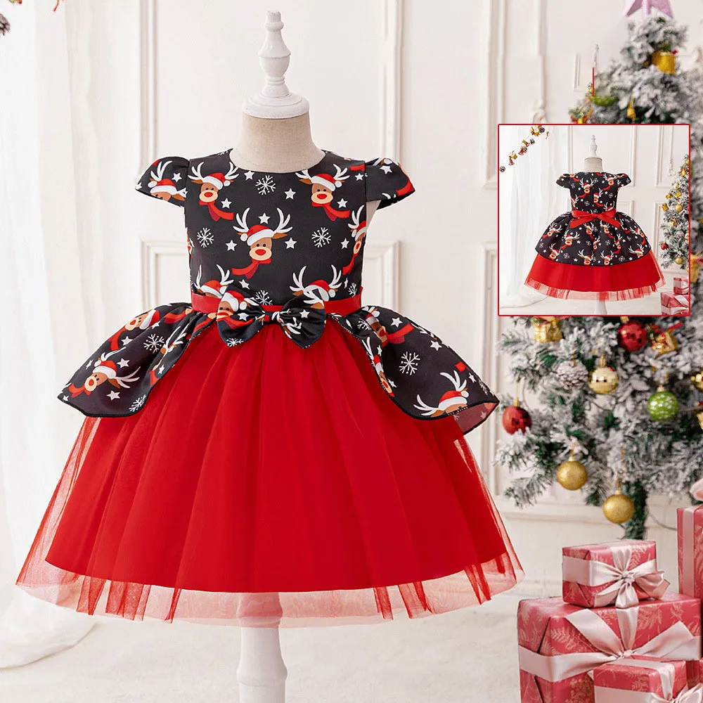 

Baby Girl Christmas Evening Dress Bow Tie Tulle Children Princess Dresses Fashions Deer Print Kids Party Prom Costume 4-8 Years