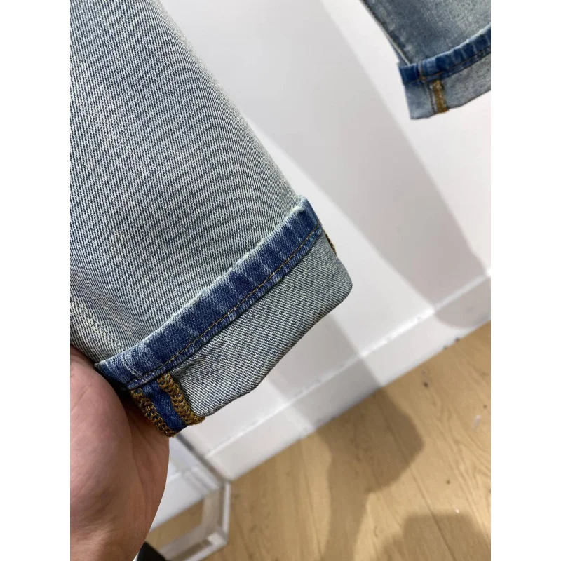 Light Blue Jeans Men's Broken Hole Design Trendy High-End Slim-Fitting Small Straight Stretch Casual All-Matching Retro Pants