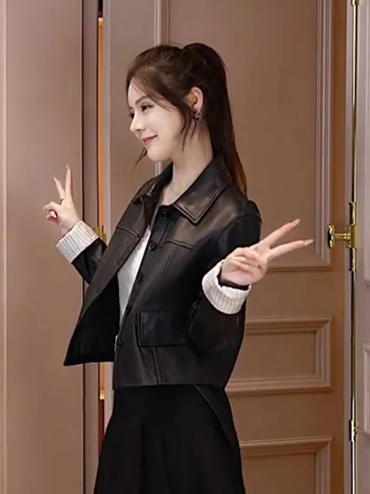 

Sli ort Leather Jaet for Women Early Spring American Sle Cuff Flip Design Casual Loose Fit Long Sve Coat