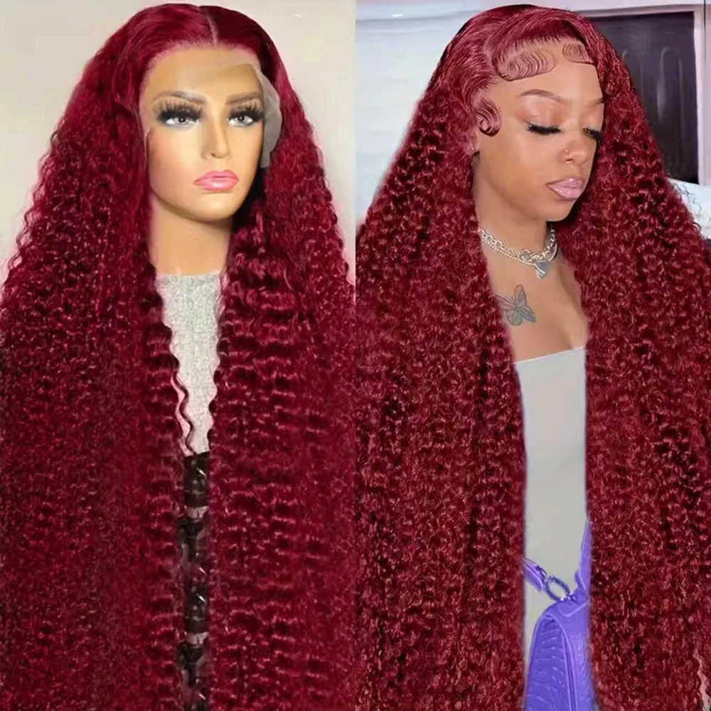 

Красный парик из натуральных волос 99j Burgundy Deep Wave с кружевной передней частью, 30-40 дюймов, 13x6, HD прозрачное кружево, для женщин