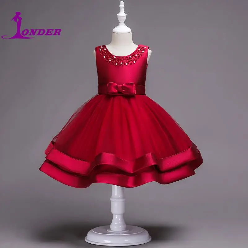 Precioso vestido de espectáculo para niños Sonder, vestidos de niña de flores sin mangas con listones escalonados, vestido de baile clásico de encaje para boda para niñas