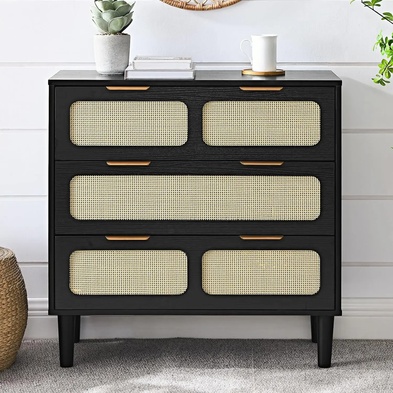 

Chest of 3-Drawer Dresser Storage Cabinet Boho Modern Bedside Table Farmhouse Rattan Dresser with Wide Drawers and Handles