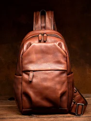 Handmade head-layered Genuine Leather men's chest shoulder bag old pleated men's purse Travel Big Capacity Passport Cover Wallet