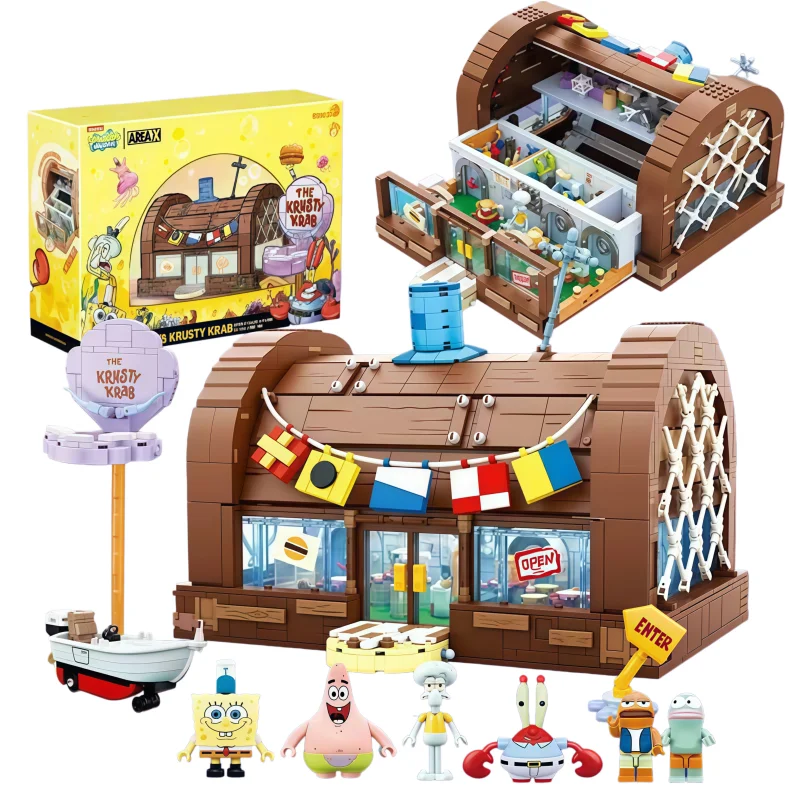 

SpongeBob Krusty Krab Restaurant Building Blocks DIY Assemble Scene Model With Character Doll Creative Educational Puzzle Toys