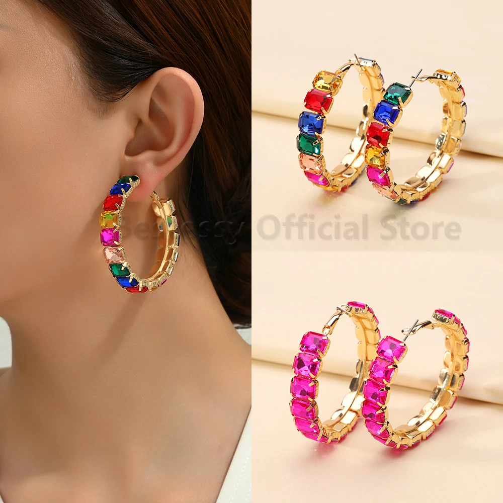 Large Vintage Glass Round Annular Earrings For Women Exaggerated Luxury Party Wedding Elegant Piercing Ear Accessories Jewelry