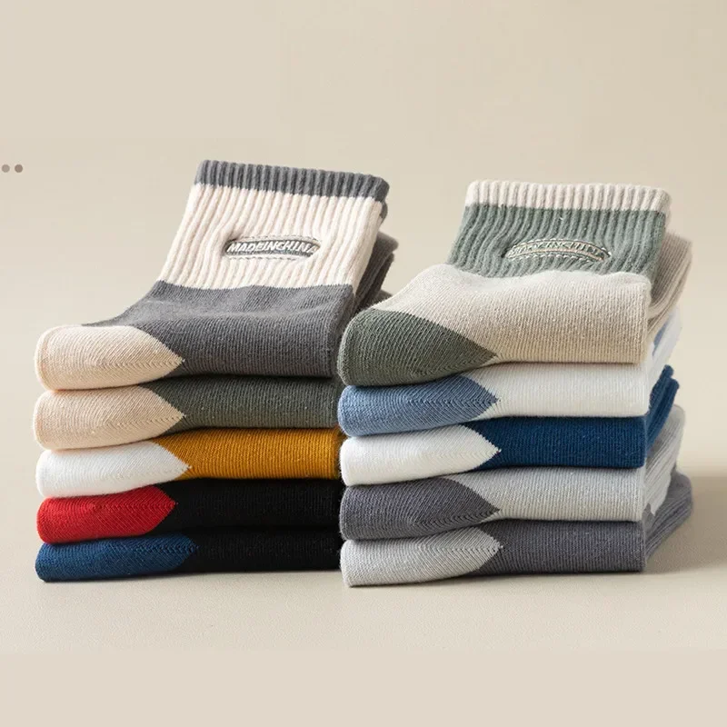 5 أزواج من الجوارب الرجالية المخططة المصنوعة من مزيج القطن الشتوي، جوارب قصيرة قابلة للتنفس للرجال