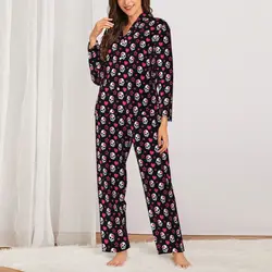 Pajamas Woman Sugar Skull Print Night Sleepwear Stars And Hearts 2 Pieces Loose Pajama Set Long-Sleeve Oversized Home Suit