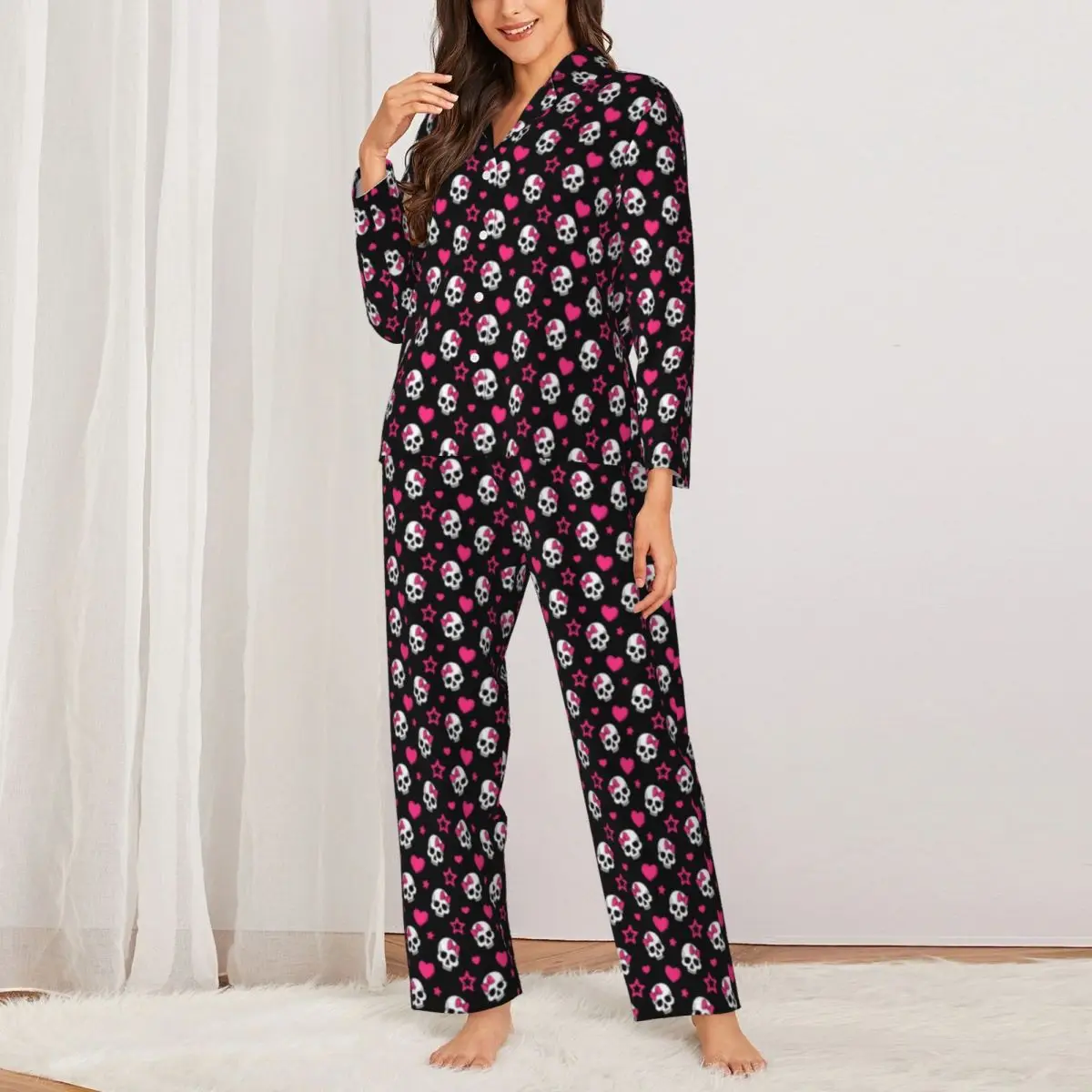 Pajamas Woman Sugar Skull Print Night Sleepwear Stars And Hearts 2 Pieces Loose Pajama Set Long-Sleeve Oversized Home Suit