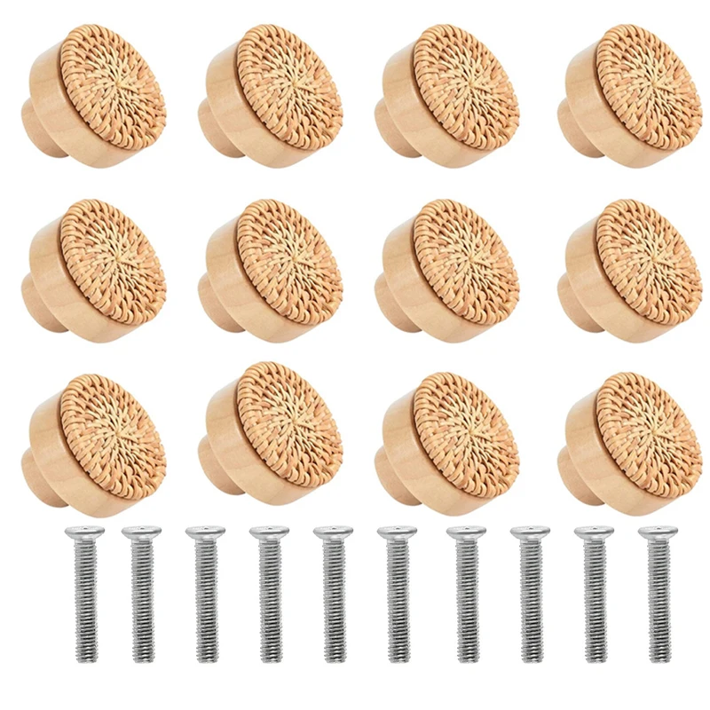 12Pcs 30/35/40/45mm Rattan Dresser Knobs Round Wooden Drawer Knobs Handmade Wicker Woven And Screws For Furniture Pulls Knobs