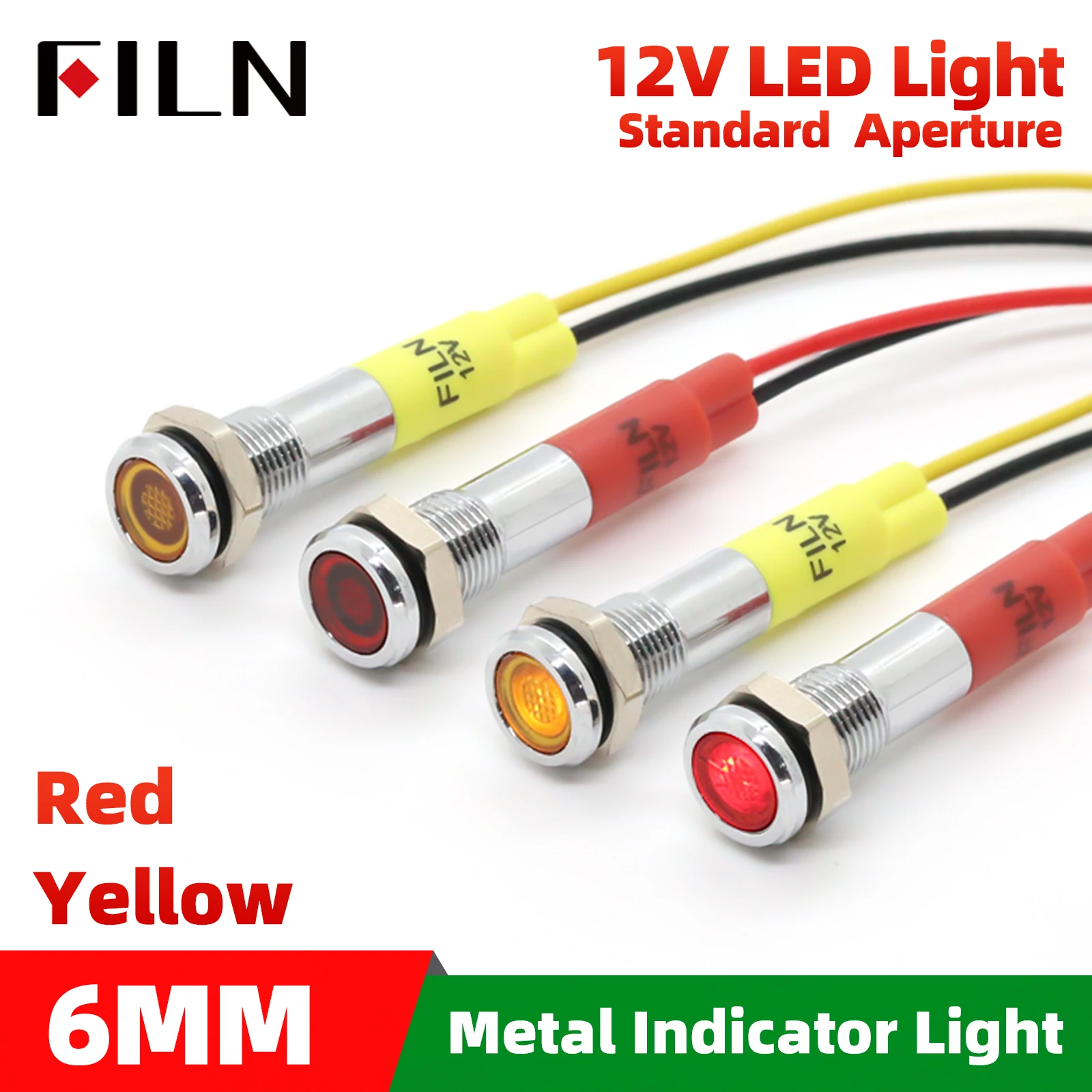 

FILN 1PC IP65 6mm LED Waterproof Metal Indicator Light Signal Lamp with Wire 12VRed/Yellow Light Miniature Indicator Light