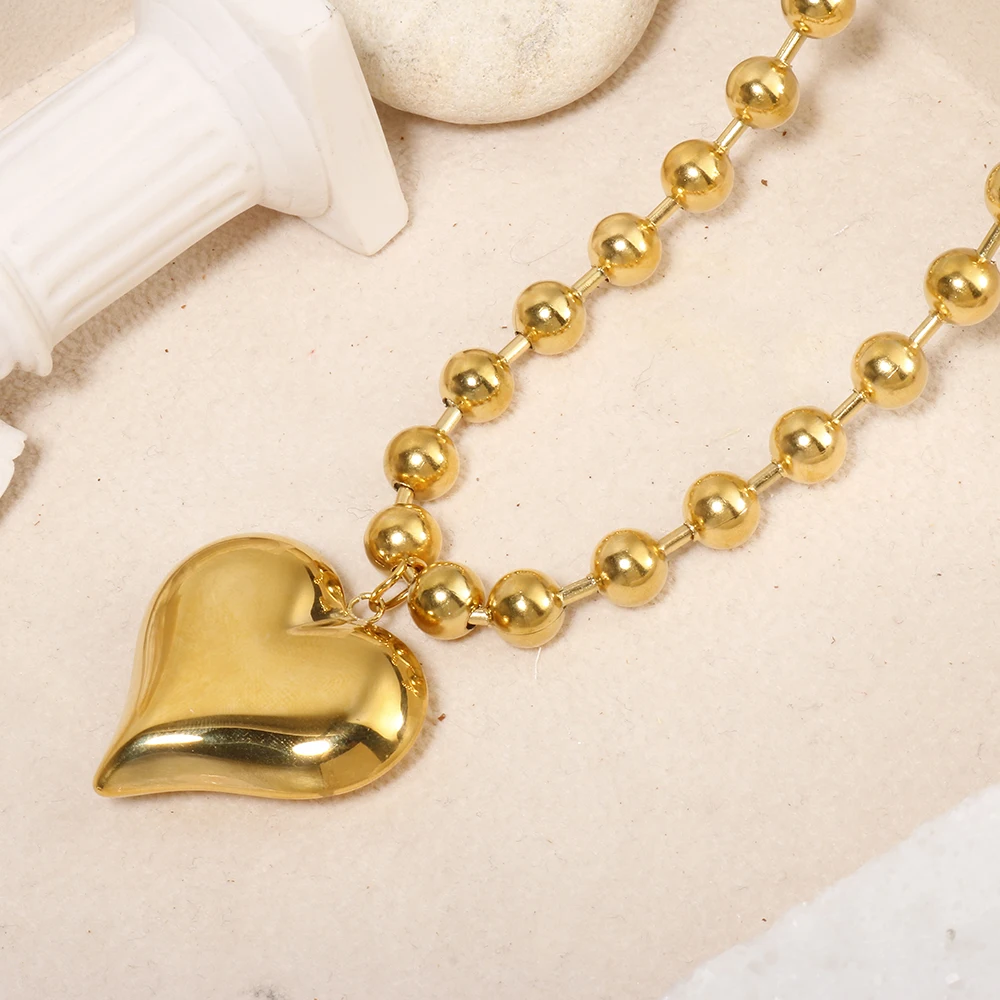Punk Heavy Industry Thick Beaded Chain Big Peach Heart Hollow Pendant Charm Choker for Women Non Fading Stainless Steel Jewelry