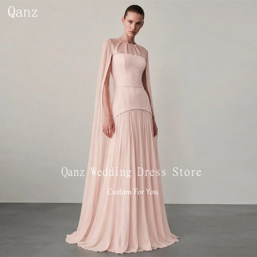 Qanz Blush Pink Chiffon Evening Dresses O Neck Long A Line Vestidos Mujer Elegantes Formal Cape Sleeves Prom Gowns Customized