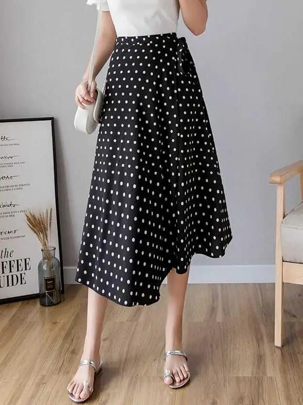 Summer High Waist One-Piece Midi Beach Skirt Polka Dot Sunscreen A-Line Skirt Long Commute Sle Novel Polyester Fiber