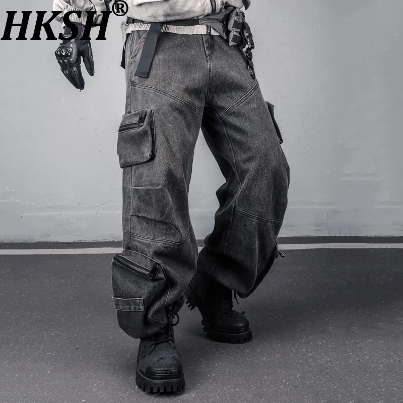 

HKSH Autumn Winter New Men Retro Multi-Pocket Pleated Thickened Fleece Hip-Hop Heavy Chic Elastic Waist Dark Cargo Pants HK16514
