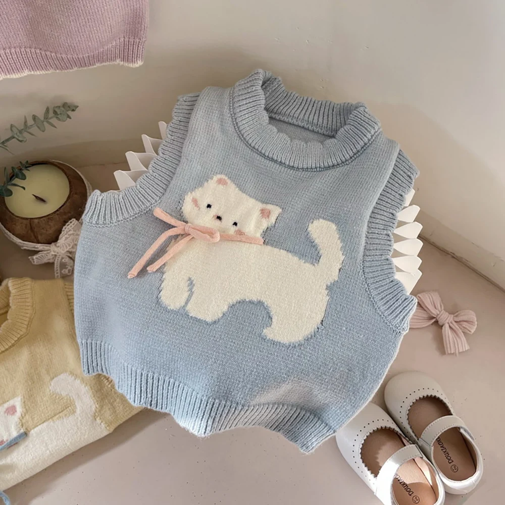 Baby Girls Sleeveless Sweater Spring Autumn Cute Cartoon Cat Knitted Vest Kids Waistcoat Children Clothes Warm Knit Vest Tops