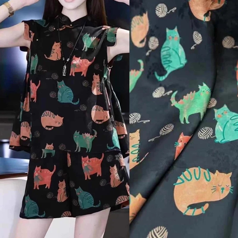 25mm-black-heavy-silk-fabric-with-colorful-cats-printing-for-diy-sewing-summer-spring-dress-skirt-pants-pajamas-vest-r2457