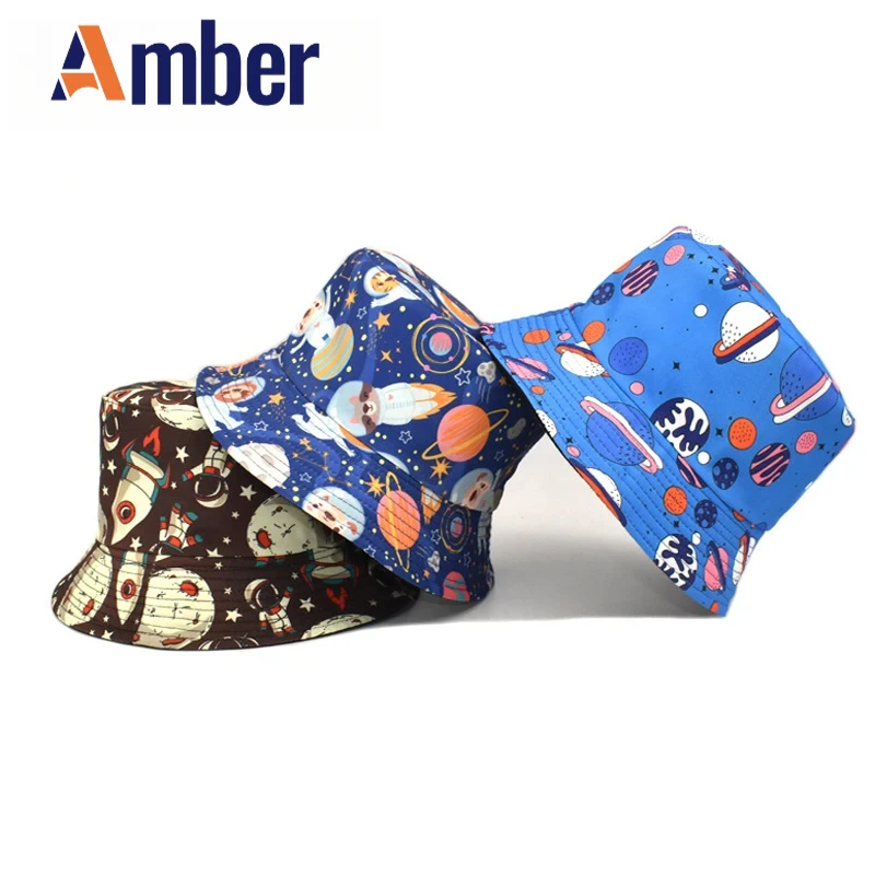 

Amber Cartoon Bucket Hat Space Planet Vehicle Print Panama Fisherman Hats Double Sides Reversible Parent-child Outfit New Style