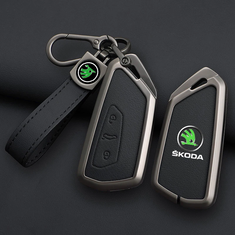 Zinc Alloy Leather Car Remote Key Case Cover Protector Shell Fob For Skoda Superb A7 Kodiaq Octavia A7 A8 Keychain Accessories