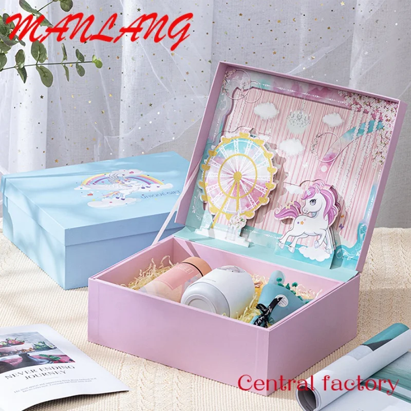 Caja de regalo de cumpleaños de lujo tridimensional nicorn para novia, taza de agua, caja abatible