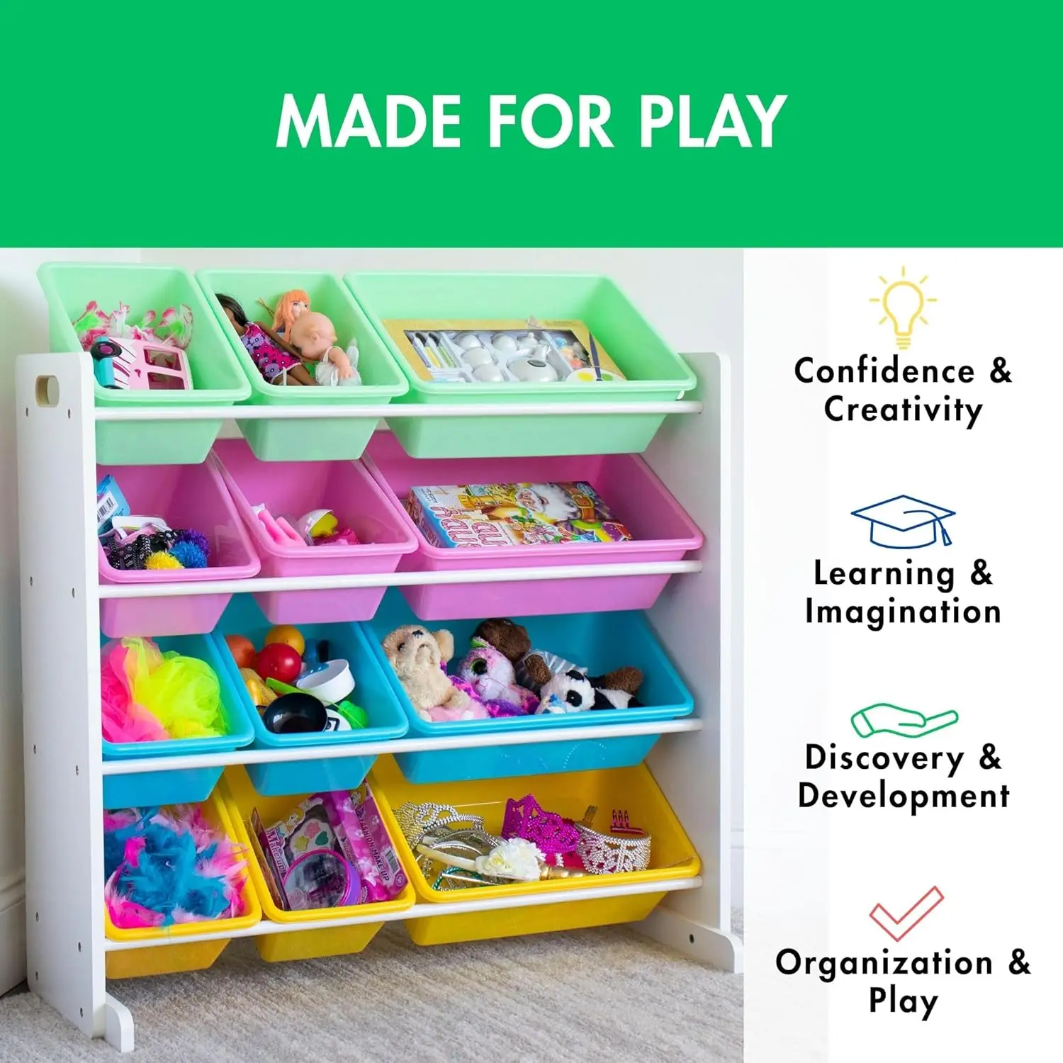 Kids Toy Storage Organizer with 12 Bins, White Pastel Color for Easy Cleanup and Child Development