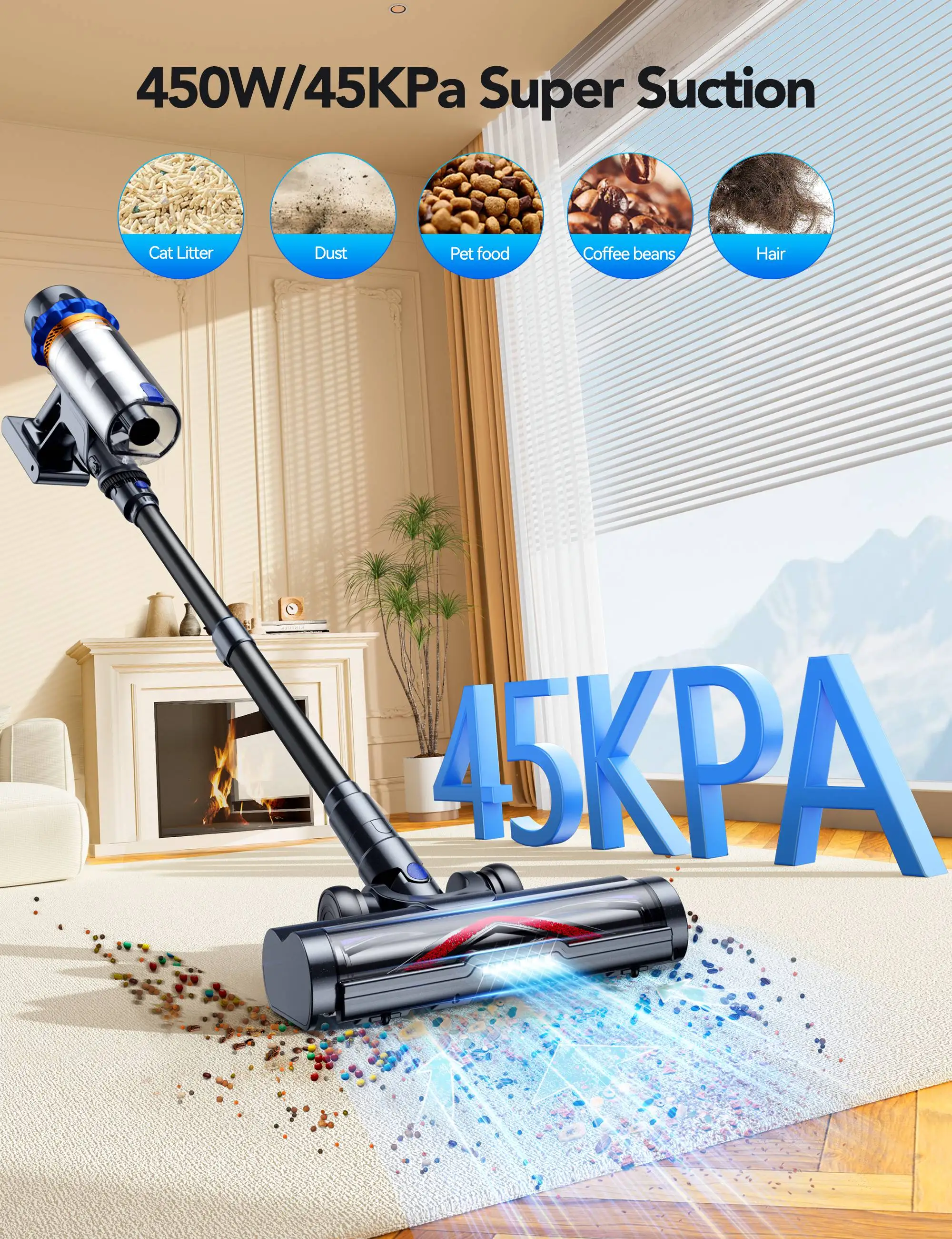 

450W Cordless Vacuum Cleaner 45Kpa Brushless Motor Stick Vacuum for Home Gray Cordless Stick Vacuum Brushless Motor Stick Vacuum