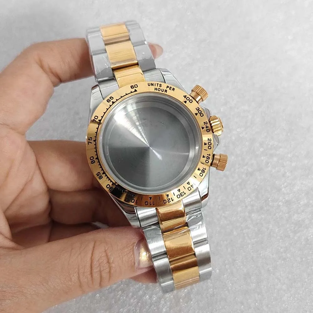 Cassa per orologio da 39 mm + cinturino per orologio per movimento al quarzo VK63 Set di cinturini per orologi con cassa in oro argento con fondo solido in acciaio inossidabile 316L