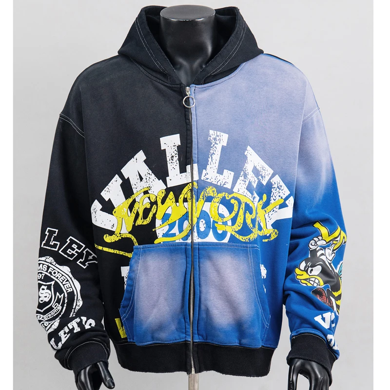 American High Street Color Block VALLEY Zip Hoodies O‑Ring Metal Zipper Vintage Letter Cartoon Print Hooded Coats