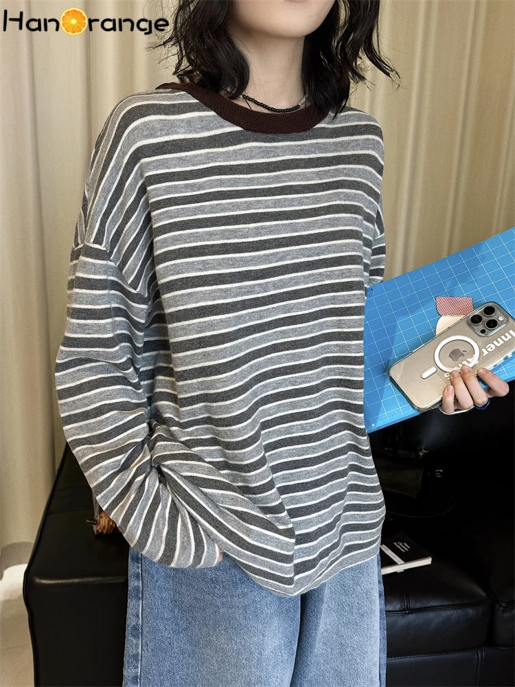 

HanOrange 2026 Весенняя ретро-модная футболка с контрастным полосатым узором и круглым вырезом, женская свободная удобная футболка-топ, серый/желтый