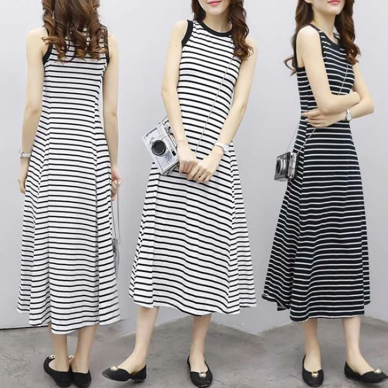 Striped Loose Trend A-line Long Skirt Summer New O-neck Sleeveless All-match Black Casual Dresses Vintage Fashion Women Clothing