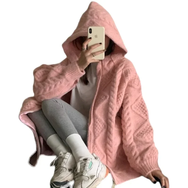 Korean Fashion Knit Cardigan Women 2023 Autumn Winter Casual Loose Zipper Hooded Thick Sweater Coat Long Sleeve Pink Top Y2k Ins