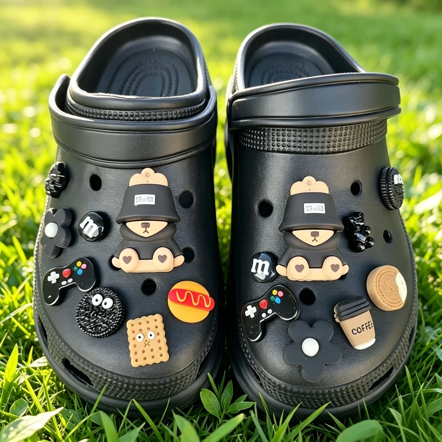 Cute Hooded Bear Coffee Flower Clog Shoe Charms Resin Detachable Ornaments For Women Summer Hole Sandals Footwear Accessory Gift