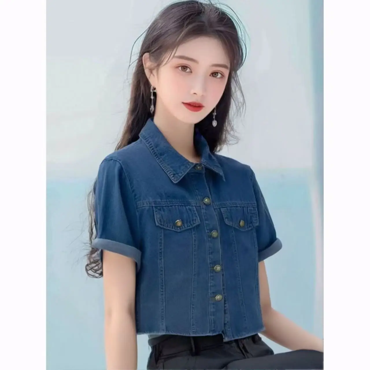 

Лето 202, женская свободная посадка ort Sve с винтажным воротником, джинсовая куртка с тонким рукавом, повседневный топ из модного хлопка 00%