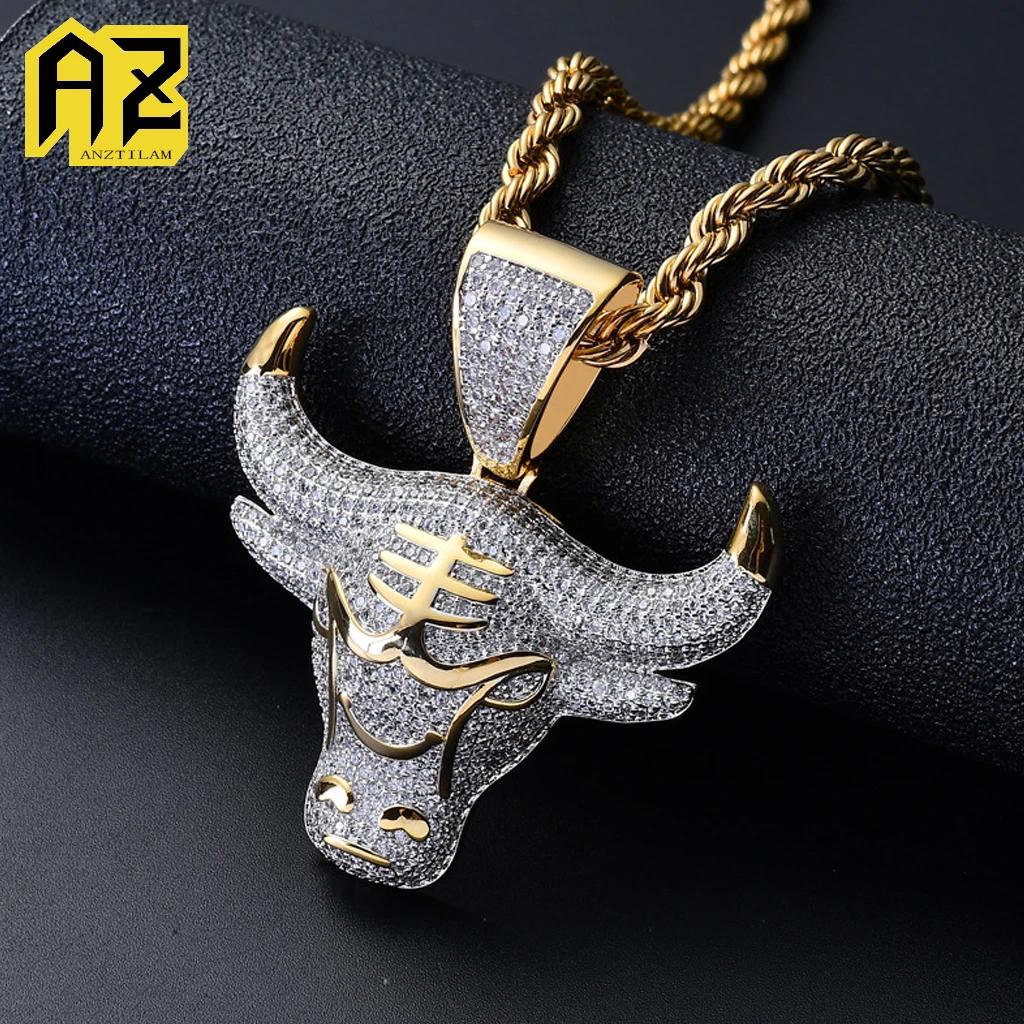 

Anztilam Hip hop Bull Head Iced Out Pendant Necklace Cooper Cubic Zircon Fashion Gold Color Punk Pendant Free Shipping