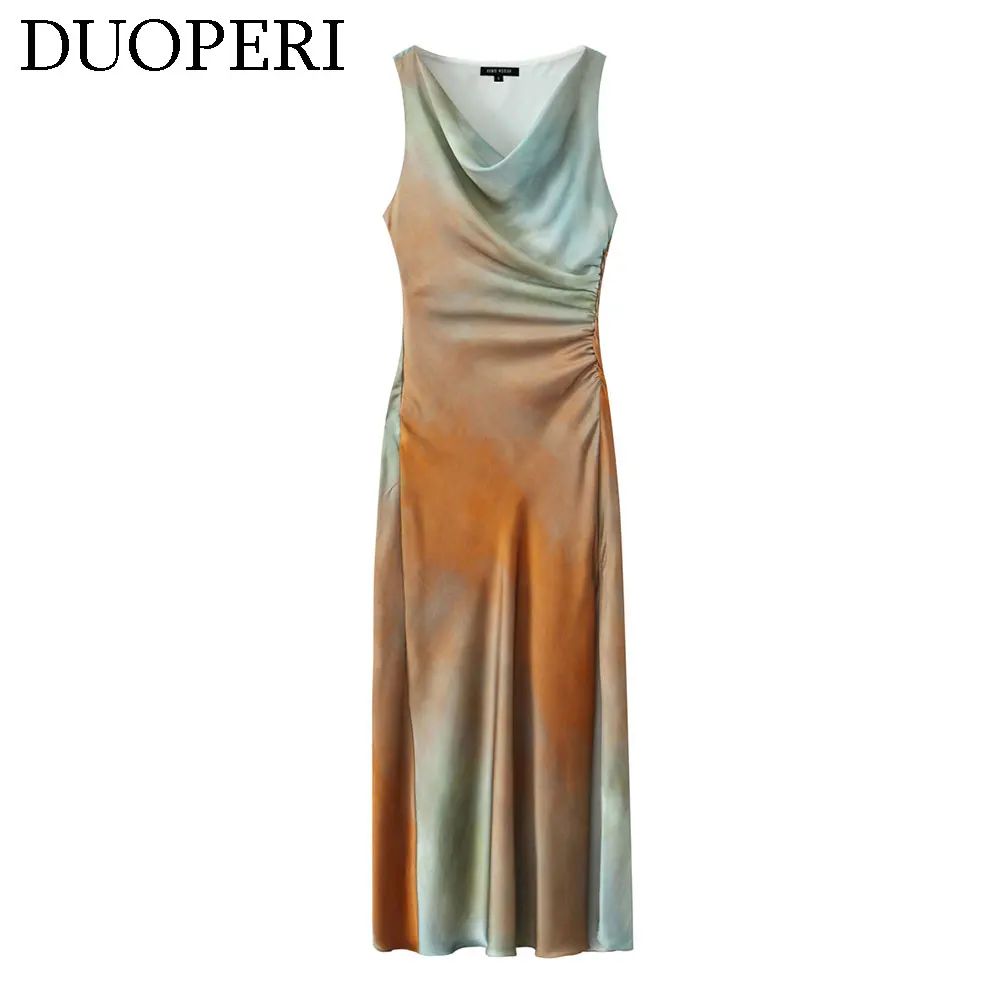 DUOPERI Women Fashion Tie Dye Pleated Slit Midi Dress Swinging Collar Sleeveless Side Zipper Female Chic Lady Casual Long Dress