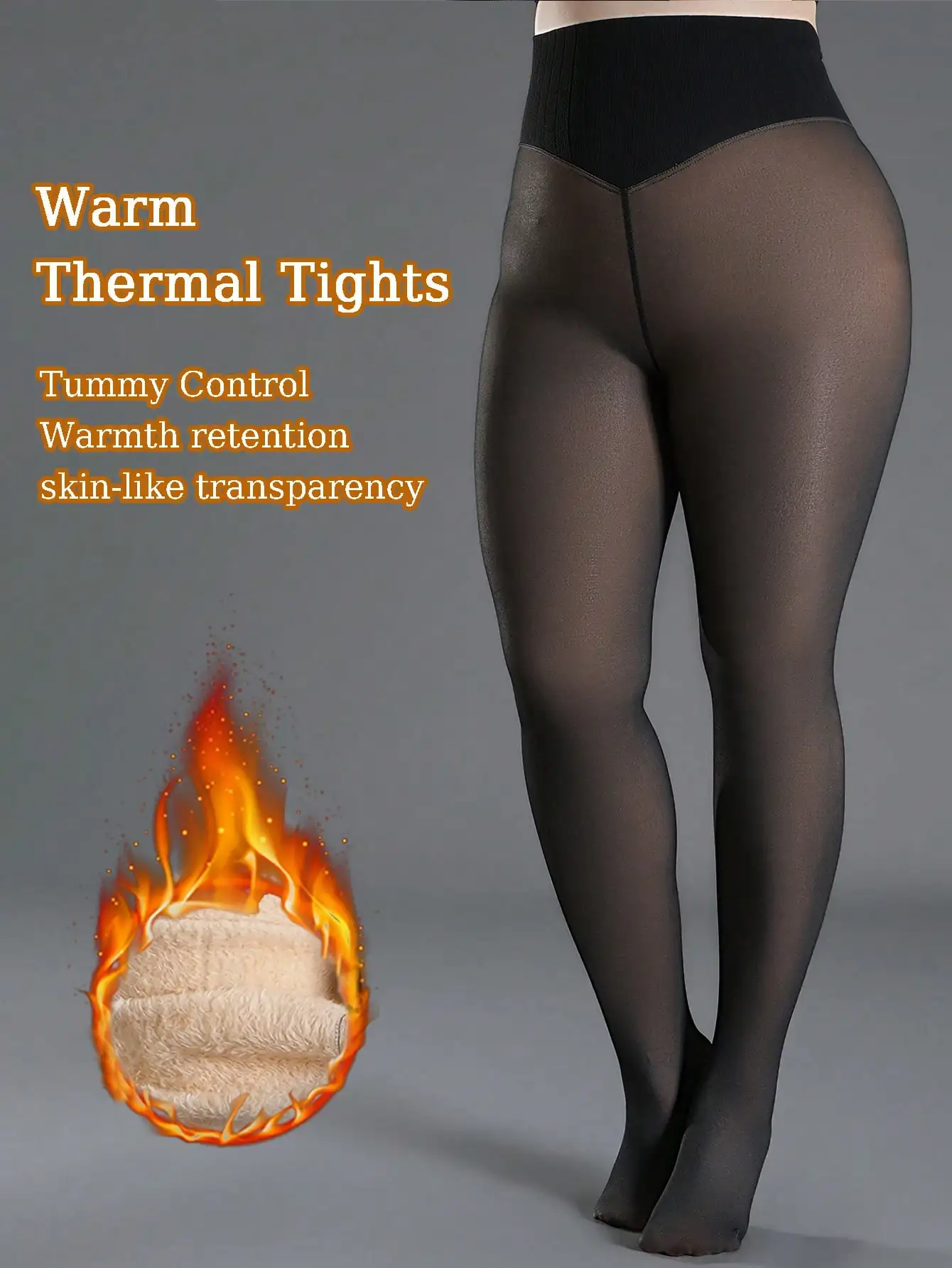 1Pair Plus Size Women High Waist Fleece Lined Thermal Tights Tummy Control Skin‑Like Fake Transparent Warm Pantyhose