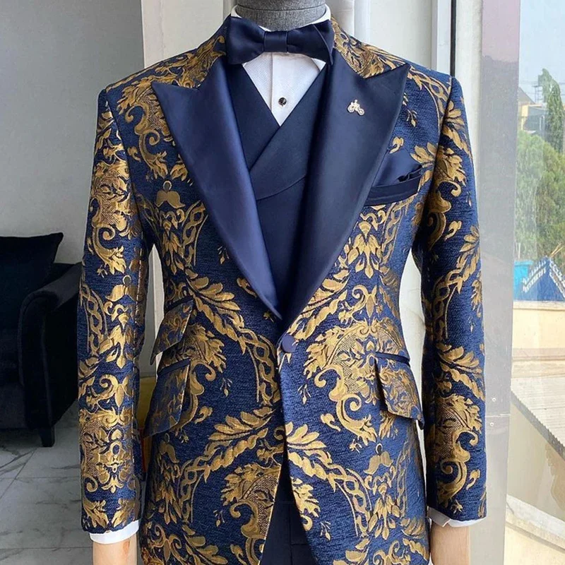 Jacquard Floral Tuxedo Suits for Men Wedding Slim Fit Navy Blue and Gold Gentleman Jacket with Vest Pant 3 Pieces Male Costume