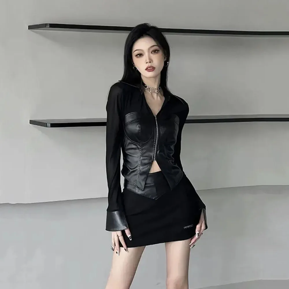 Y2k 2000s Female Slim Two Piece SetPU Leather Patchwork Crop Top + High Waist Mini Skirt Vintage High Street Outfits Women Sets