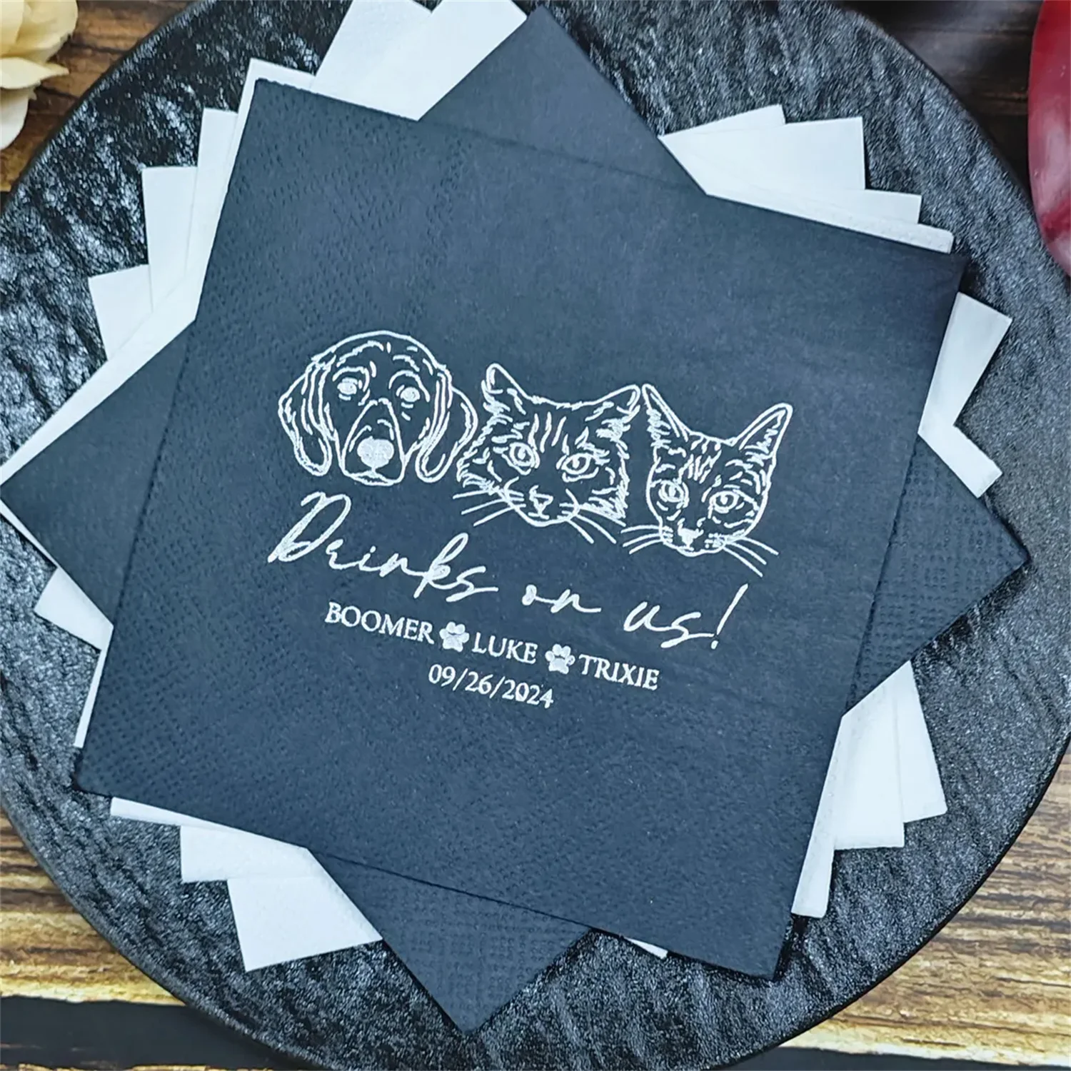 50 PCS Custom Pet Portrait Cocktail Napkins, Pet Illustrate Wedding Napkins, Dog Wedding Napkins, Cat Napkins, Engagement Napkin