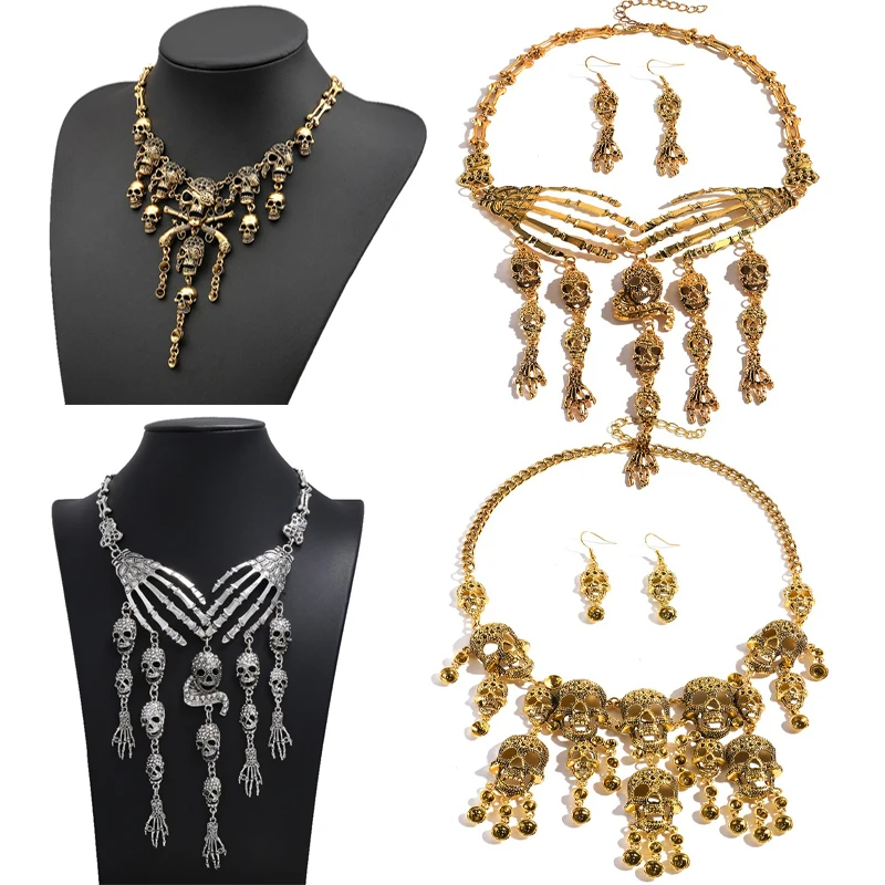 Halloween Jewelry Exaggeration Skeleton Necklace Choker Clavicle Chain Horro Party Cosplay Tassel Skull Bones Charms Necklaces