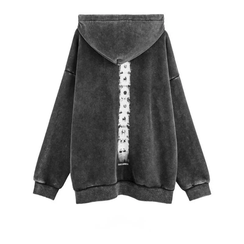 Trendy Vintage Washed Skeleton Print Zip-up Hoodie Fashion Autumn-Winter Warm Plush Hooded Cardigan New Skeleton Pattern Jacket