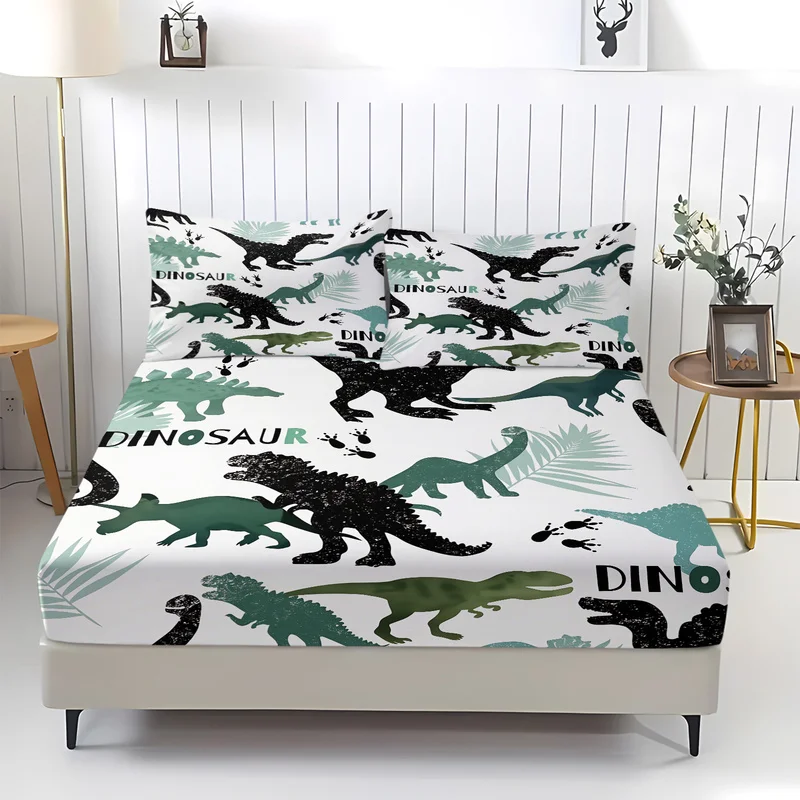 3Pcs Kids Dinosaur Fitted Sheet Set Soft Breathable Bedding Set Cartoon Dino Print Bed Sheets for Boys Bedroom