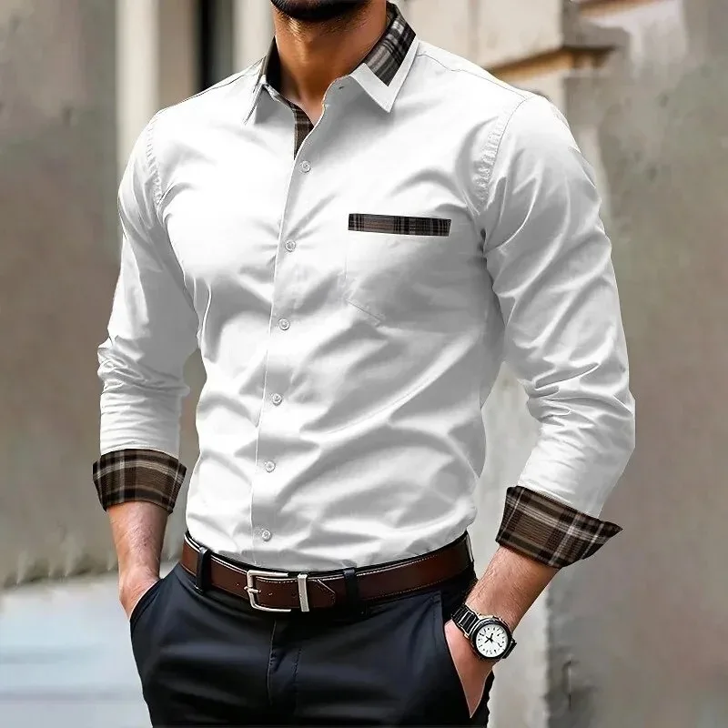 Men's Pocket Casual Formal Shirt, Available in 12 Colors, Stylish and Comfortable Long-Sleeved Shirt, Suitable for Weddings and