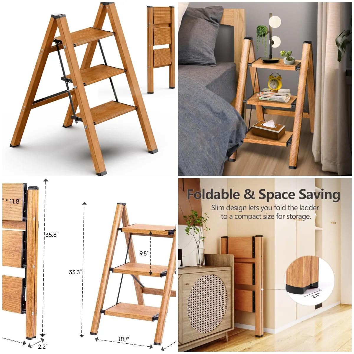

3-Step Folding Ladder, Anti-Slip Wide Pedal, Woodgrain Finish, 300 lbs Capacity