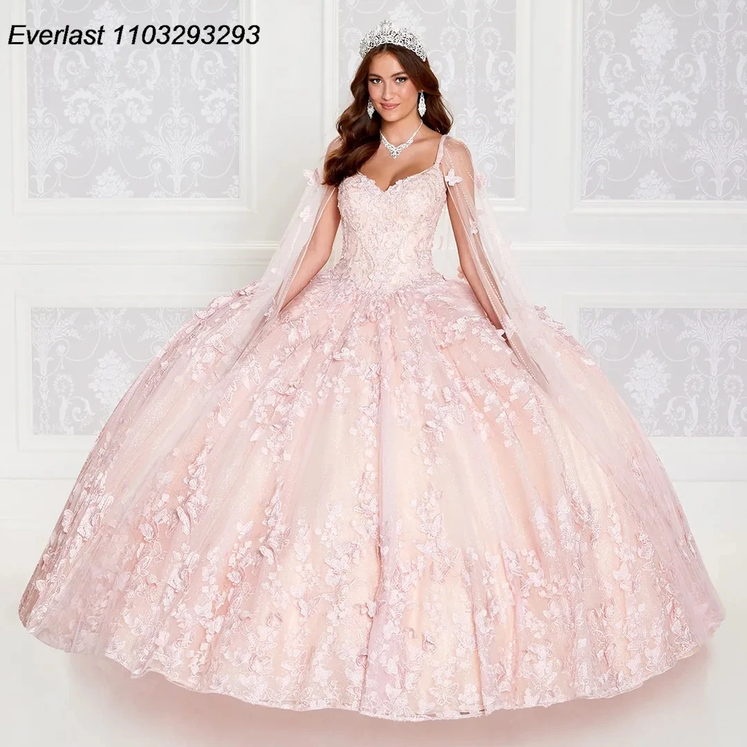 EVLAST Customized Lavender Lilac Quinceanera Dress Ball Gown 3D Floral Applique Beading Cape Sweet 16 Vestido 15 De Años TQD245