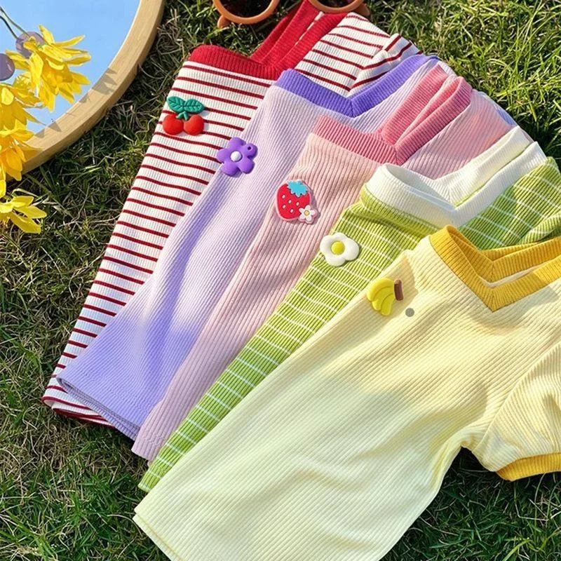 Summer Korean Style Girls T-Shirt Cartoon Applique Stripe Top for 1-6T Kids Thin Soft Square Collar Children Clothes