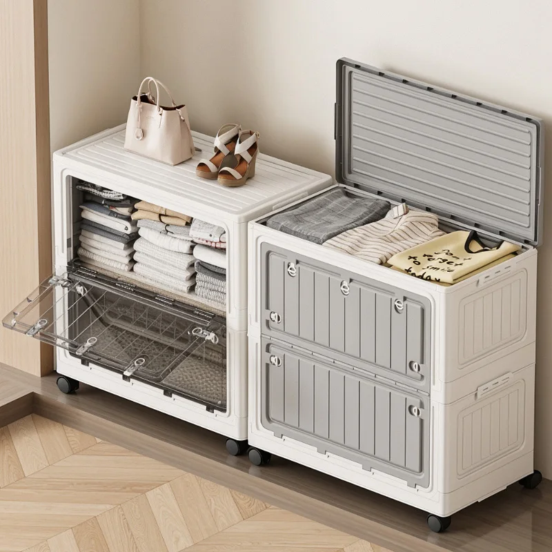 صندوق تخزين قابل للطي بسعة كبيرة، منظم متنقل شفاف بعجلات، تصميم موفر للمساحة للملابس والألعاب #5
